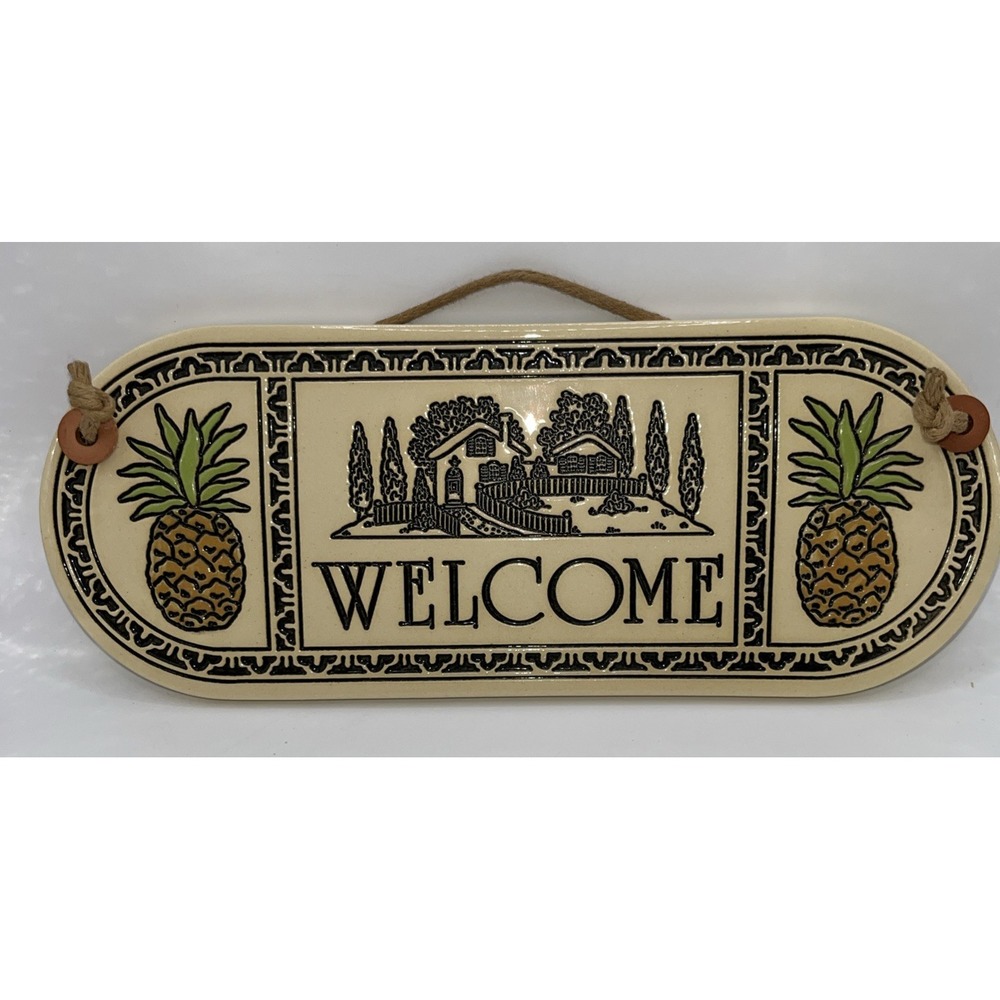 Vintage Trinity Welcome Plaque Pineapple Pottery‎ Sign Plaque Etched Ceramic